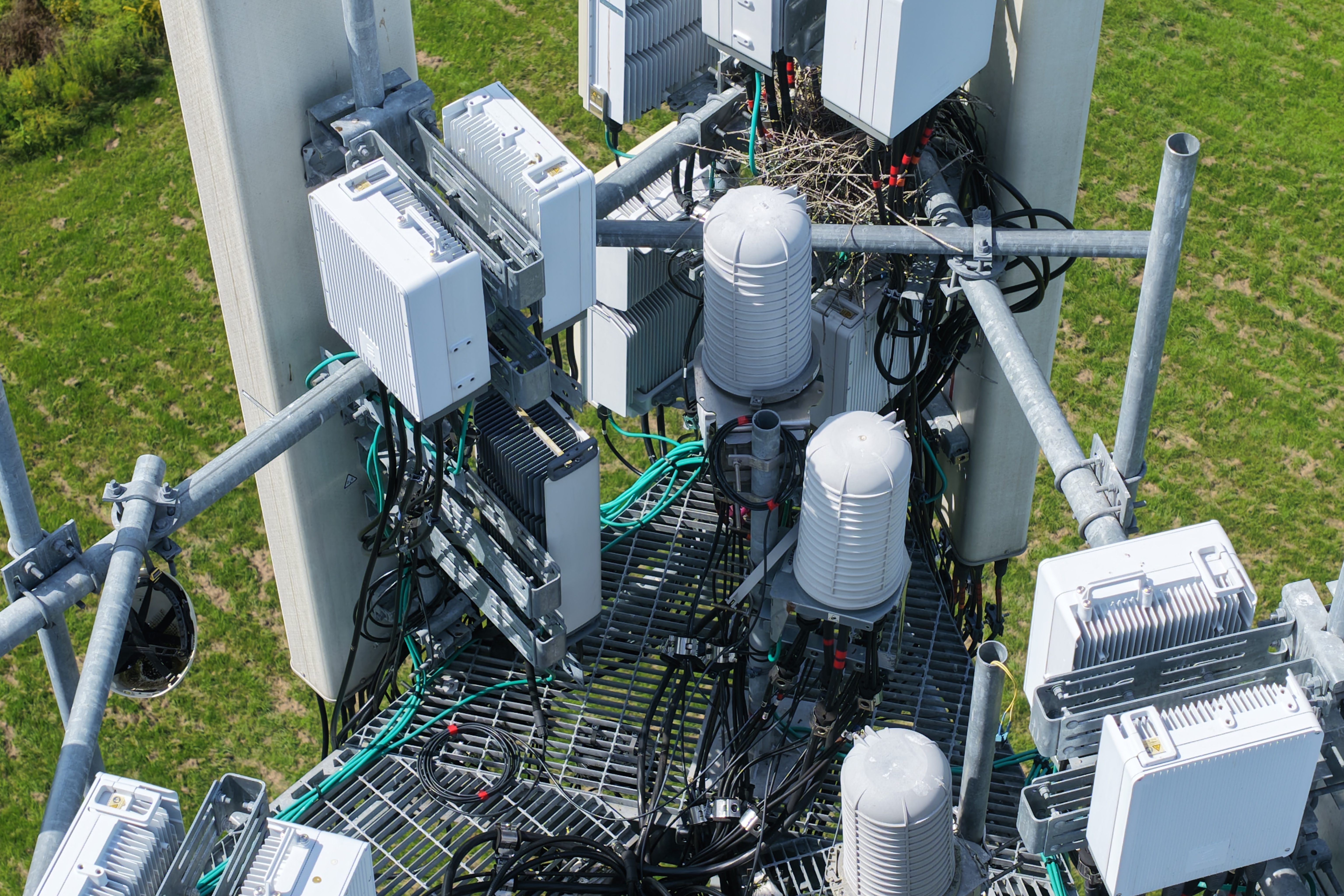 Close aerial view of telecommunications equipment and cabling