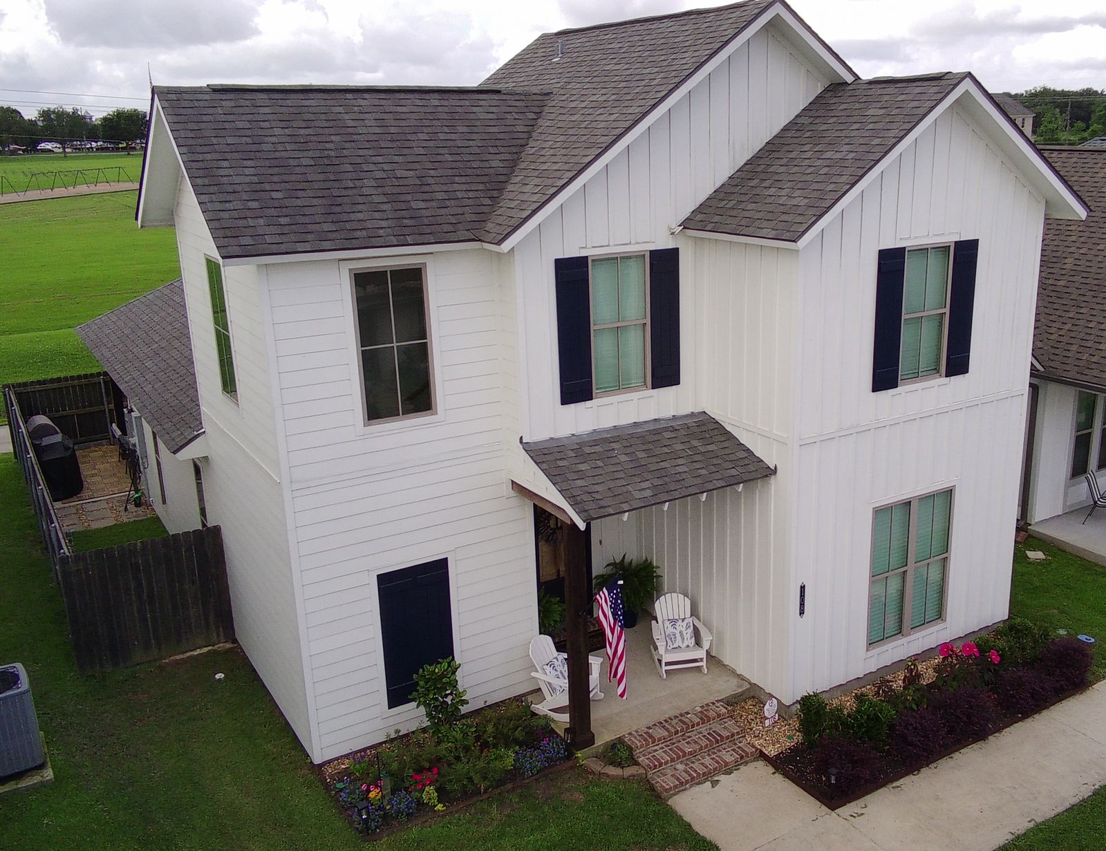 Oblique aerial view of a two-story residence