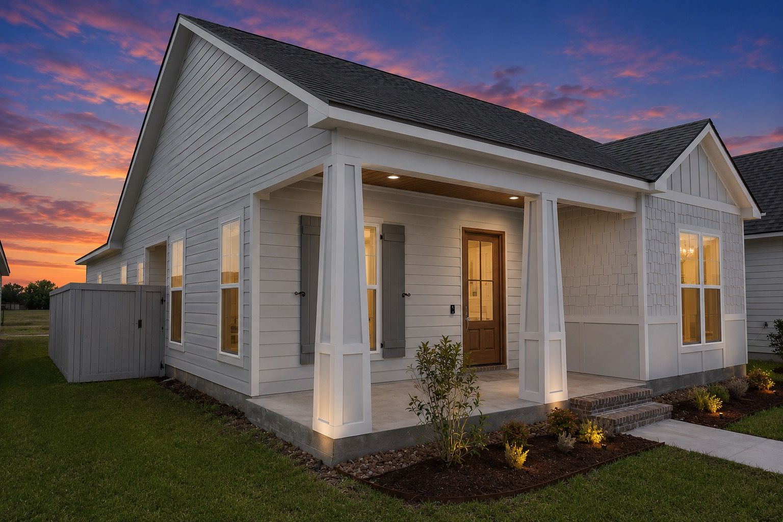 Light-colored cottage photographed at twilight